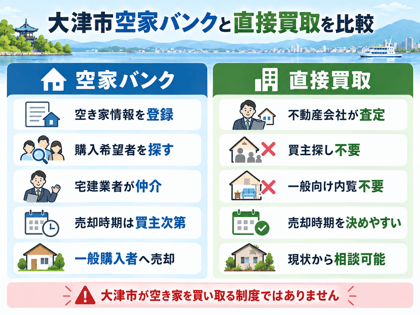 大津市空家バンクと不動産買取は何が違う?売却方法の選び方を比較
