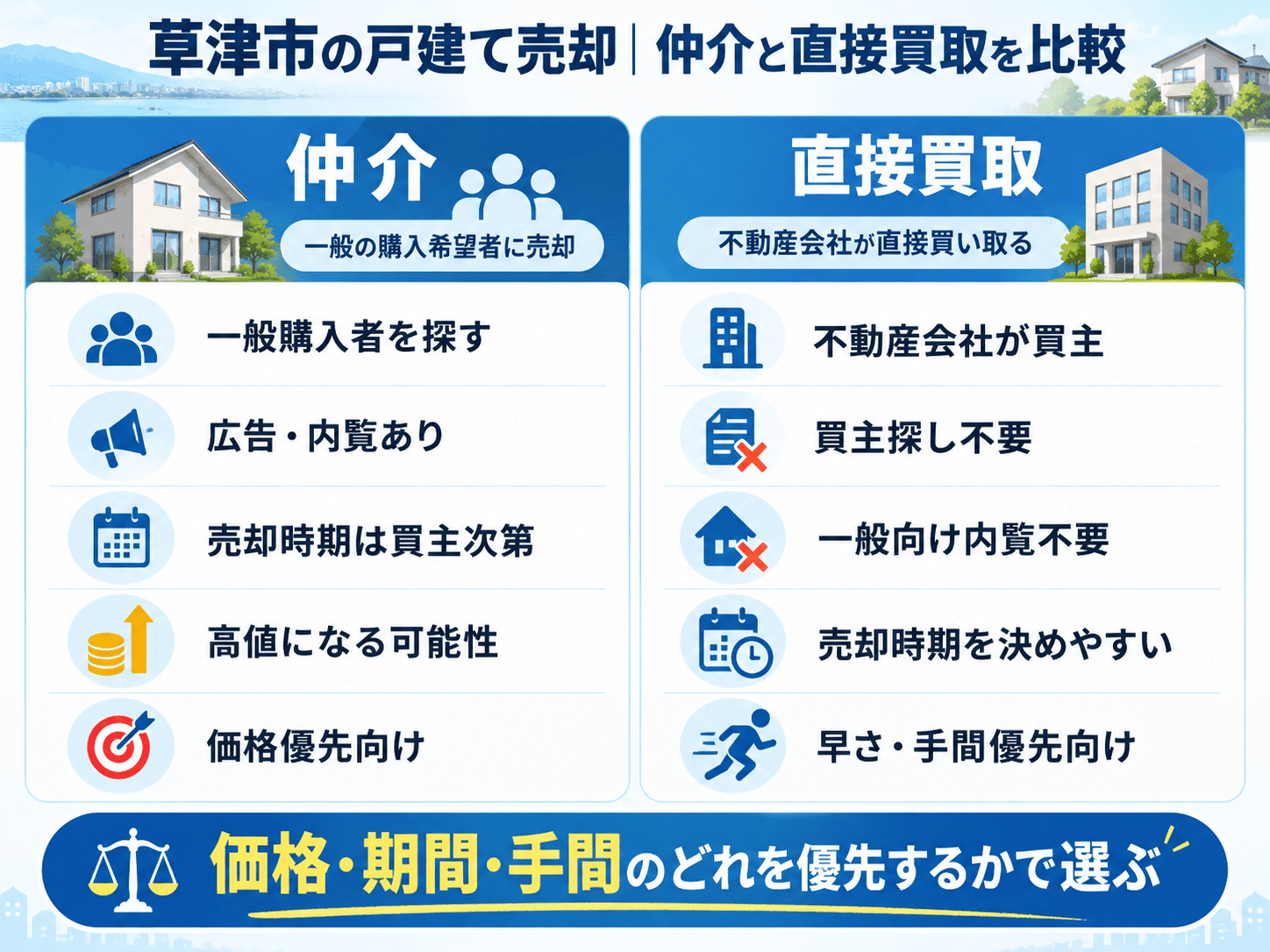 草津市の戸建て買取ガイド|仲介との違いと査定で確認されるポイント