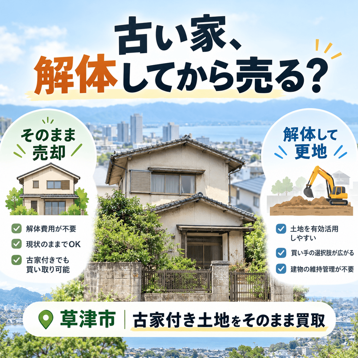 草津市の古家付き土地は解体せず売れる？そのまま買取するメリットと注意点
