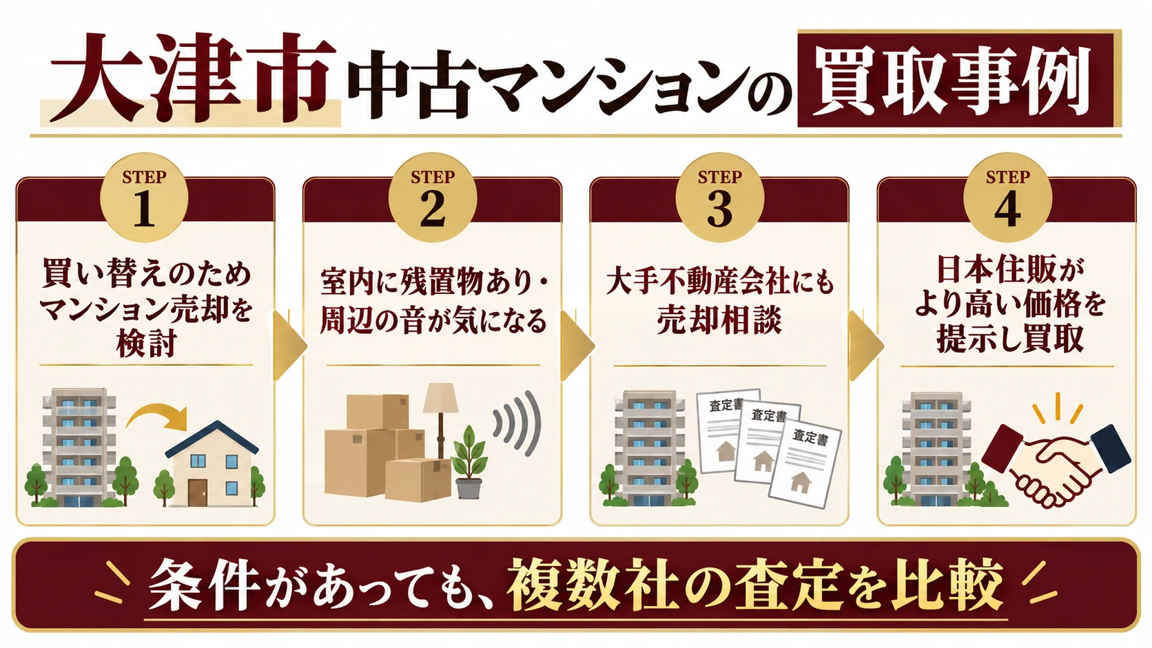 【買取事例】大津市の中古マンションを買い替えで売却|残置物・周辺騒音がある物件を買取