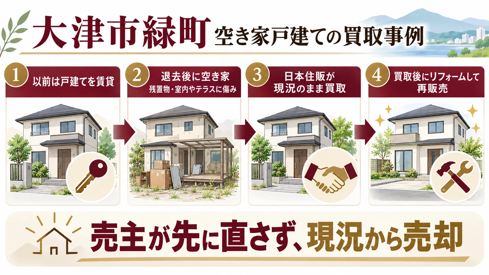 【買取事例】大津市緑町|貸していた戸建てが空き家に。残置物・老朽化した家を現況買取
